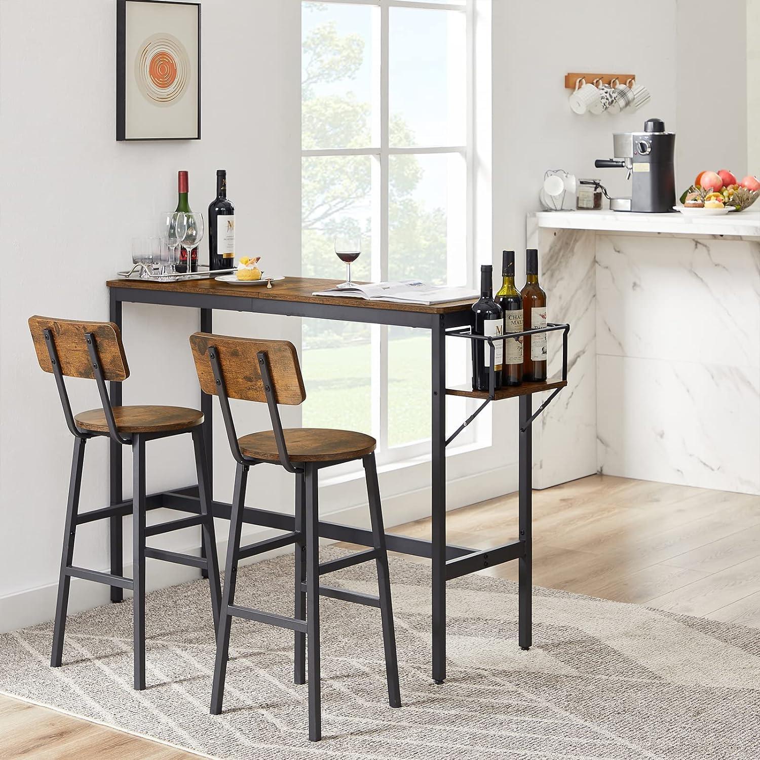 Bar Table and Chairs Set, Industrial Bar Stools Set for 2 with Collapsible Wine