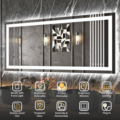 Espejo de baño LED de 60 x 28 pulgadas con luz frontal + retroiluminada, espejo