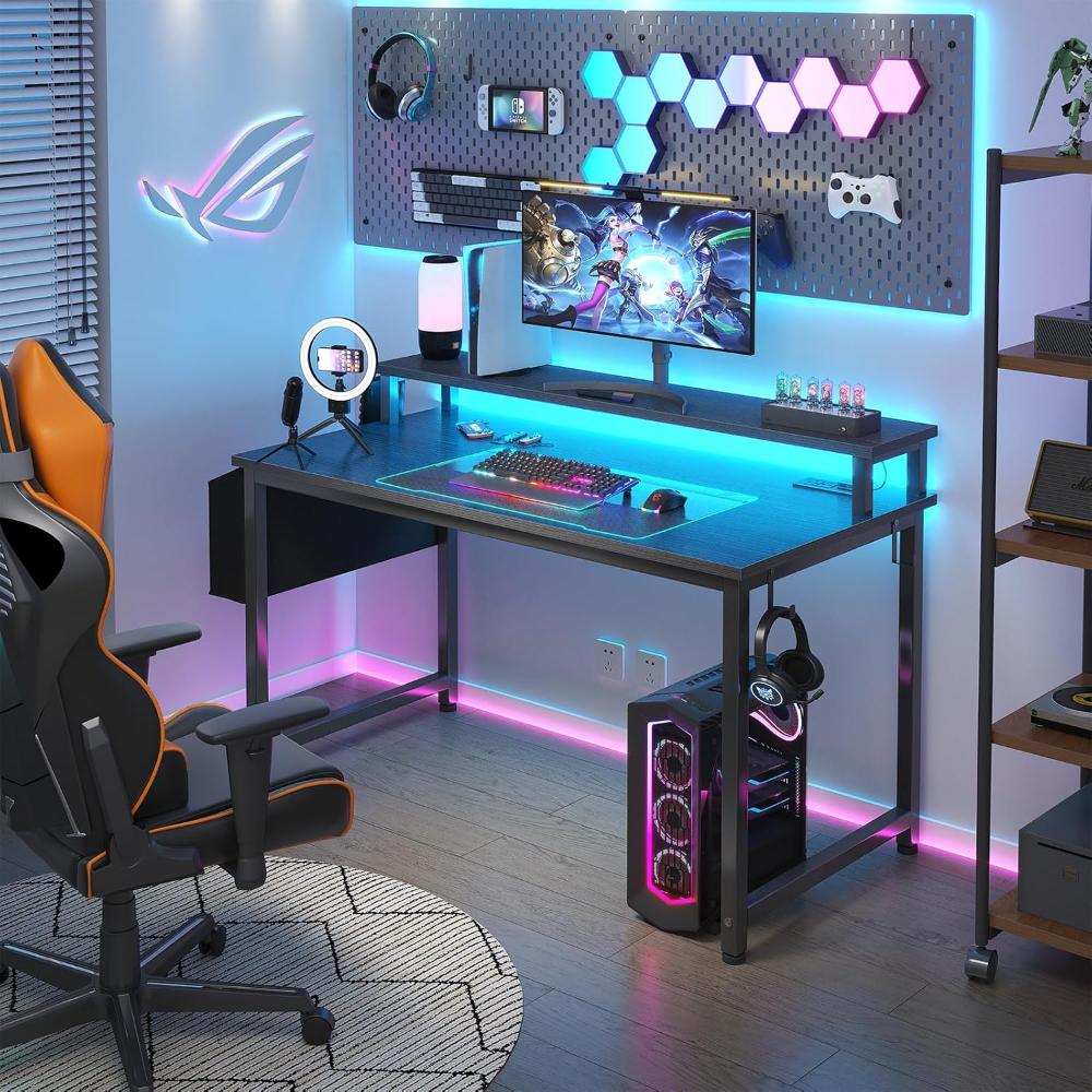 Escritorio Para Juegos Con Luces LED Y Tomas De Corriente, Lufeiya, Negro