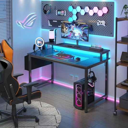 Escritorio Para Juegos Con Luces LED Y Tomas De Corriente, Lufeiya, Negro
