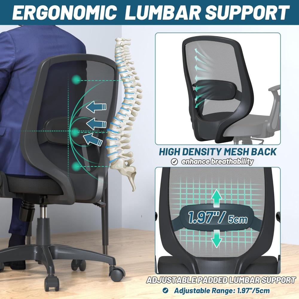 Silla De Escritorio Ergonómica, Ajustable En Altura Con Ruedas Flexibles, KIZECK, Negro