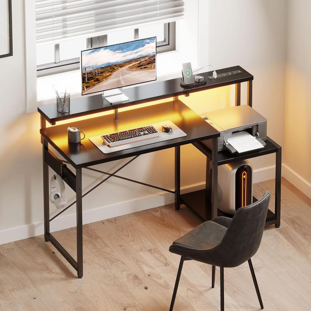 Escritorio Gamer Reversible AODK , Con Luces Led Y Toma De Corriente Y Estantes De Almacenamiento