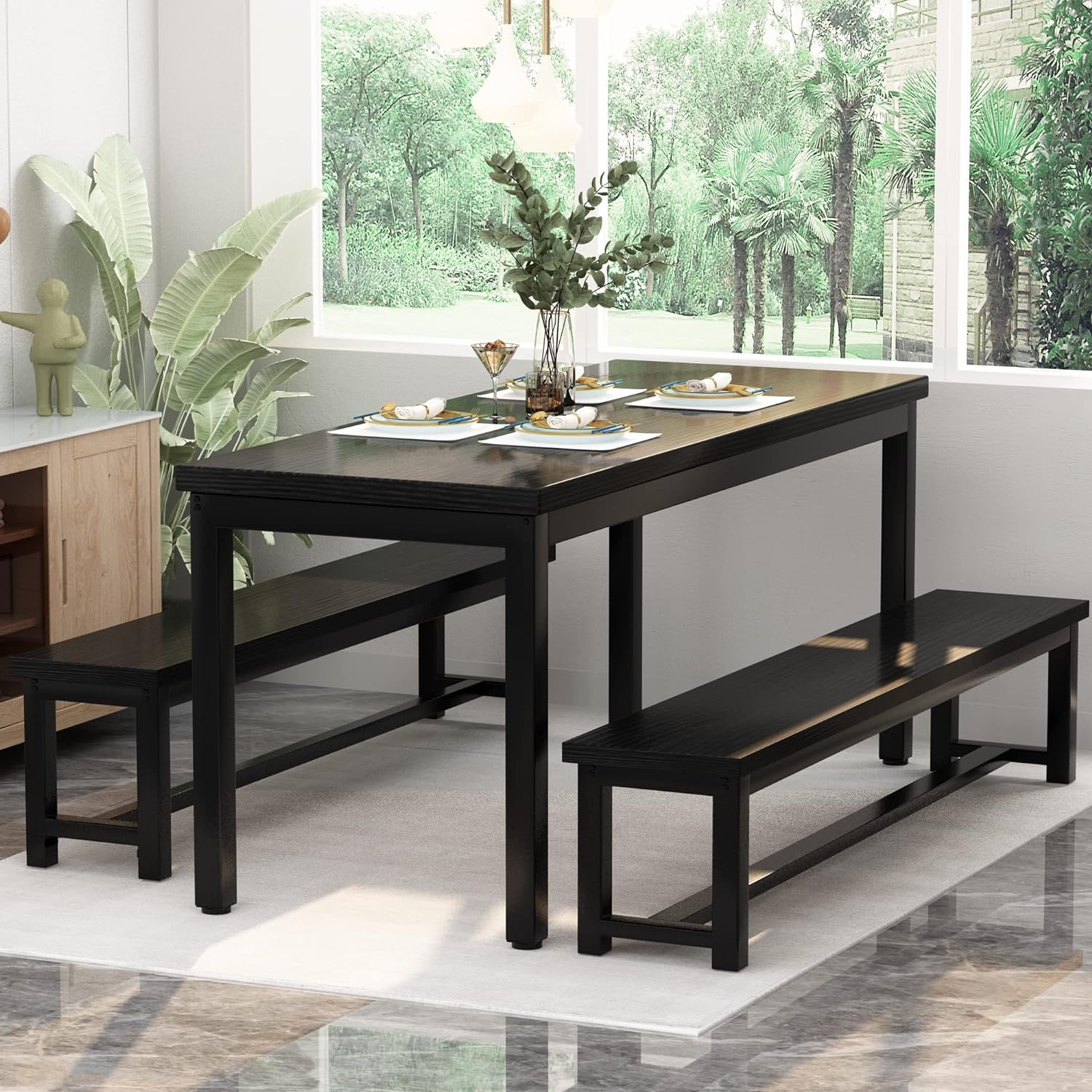 AWQM Juego de mesa de comedor de 43.3 pulgadas para 4 personas con 2 bancos,