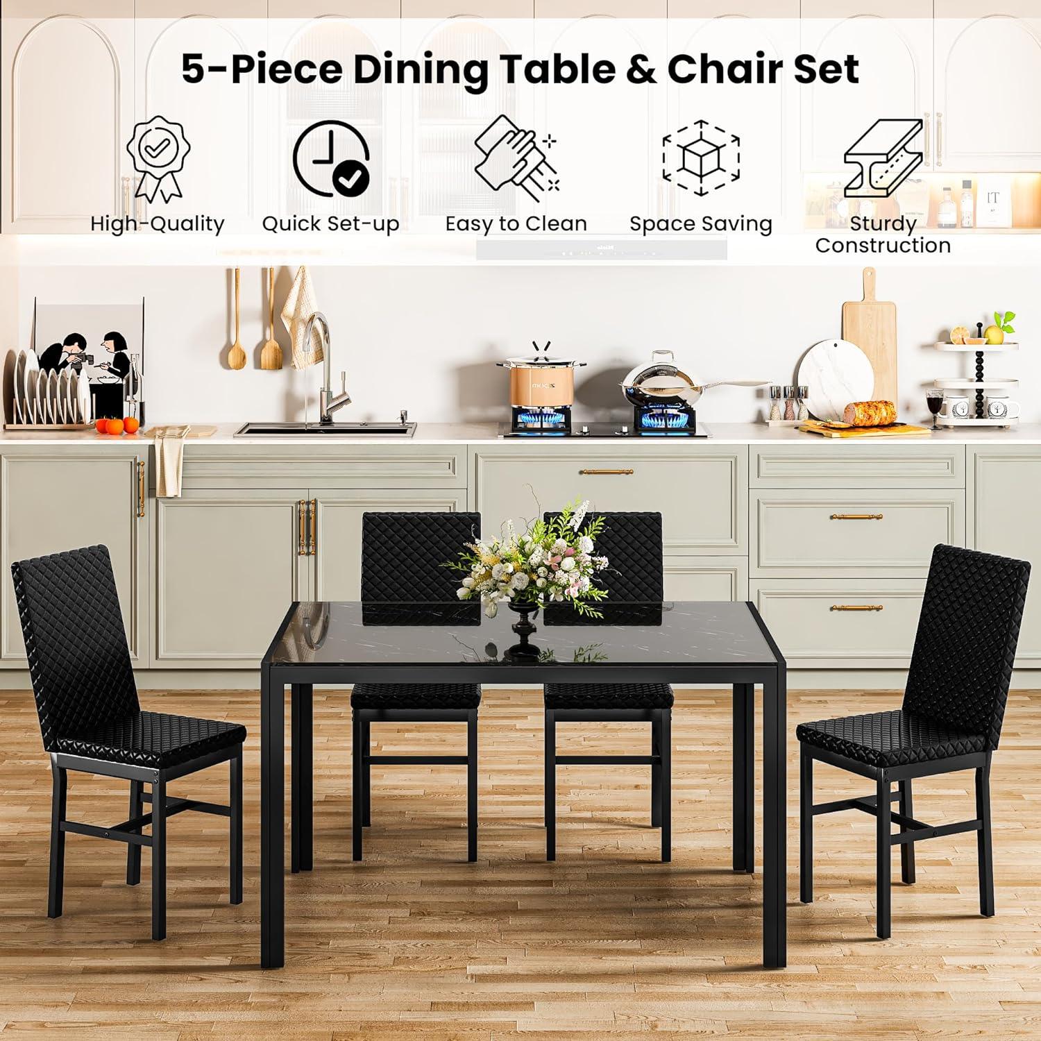 Juego de mesa de comedor de 5 piezas, mesa de cocina de cristal con 4 sillas de