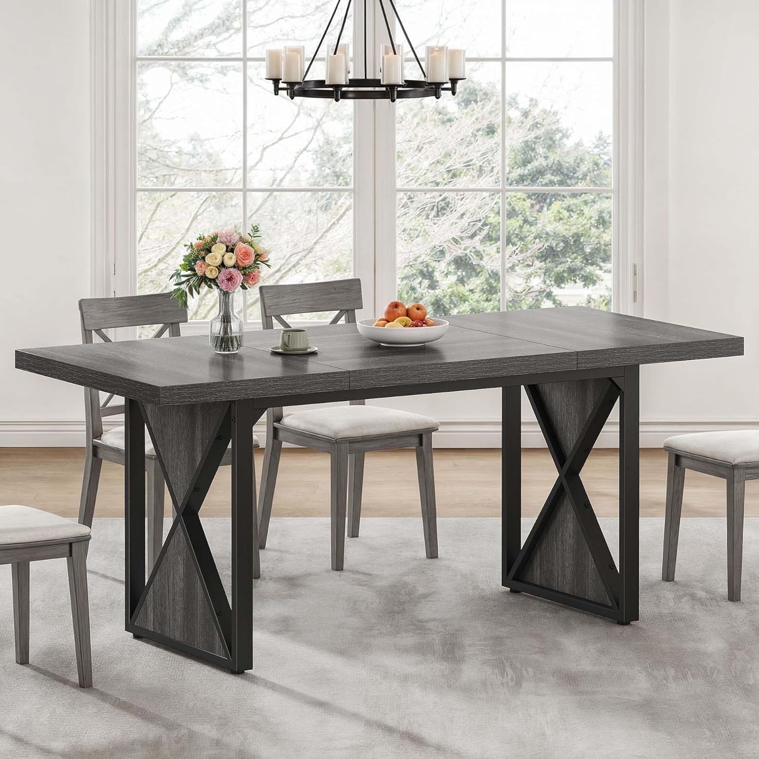 Mesa de comedor de granja para 6-8 personas, mesa de comedor rectangular de