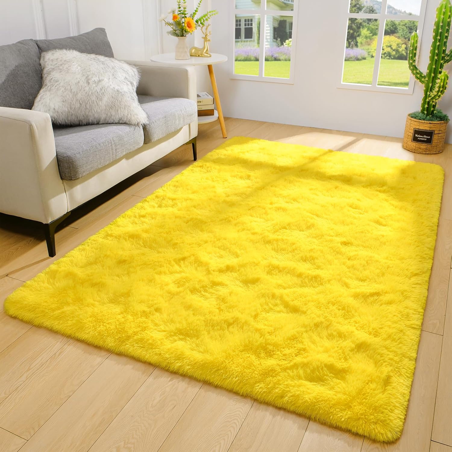 BENRON Alfombras amarillas de felpa para dormitorio, niñas y niños, alfombra de...
