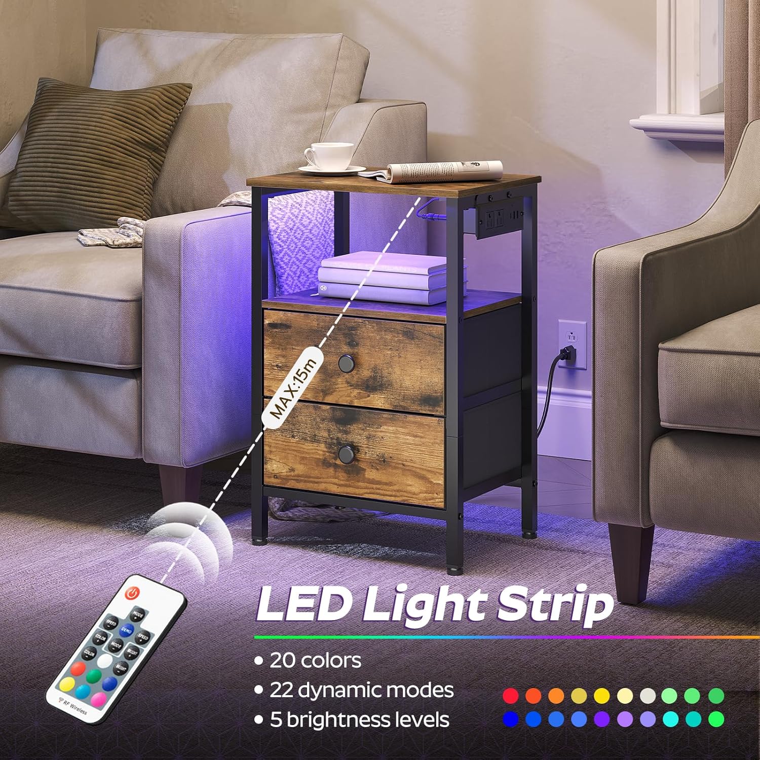 Mesitas de noche con estación de carga, mesita de noche con luces LED, mesa...