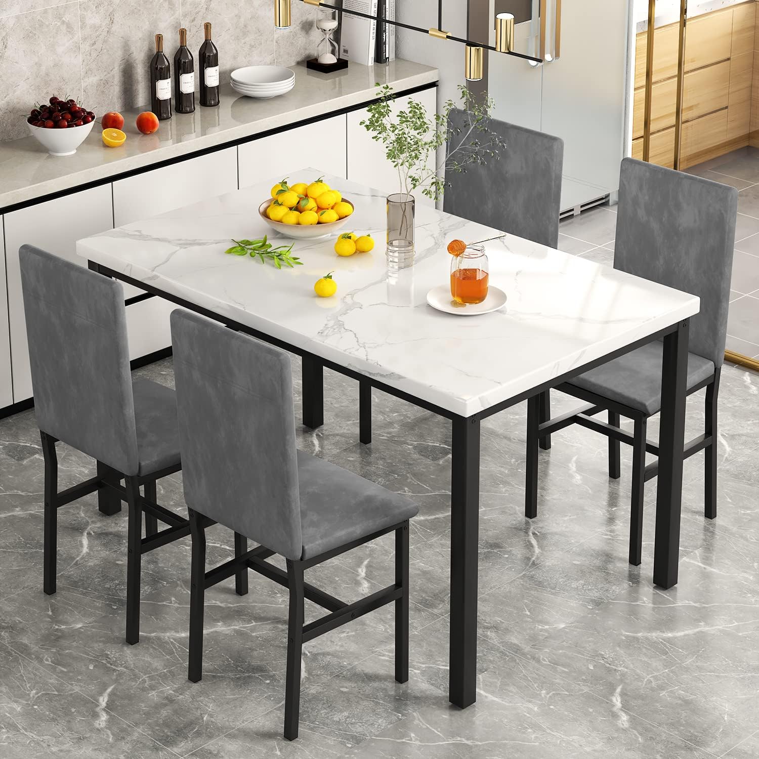 MIERE - Juego de mesa de comedor para 4, 5 piezas de mármol con 4 sillas de...
