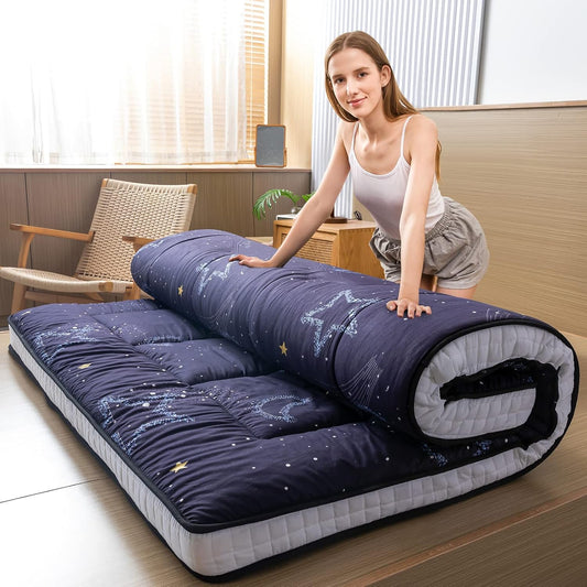 Colchón de futón negro con luna y estrella, colchón acolchado japonés, extra