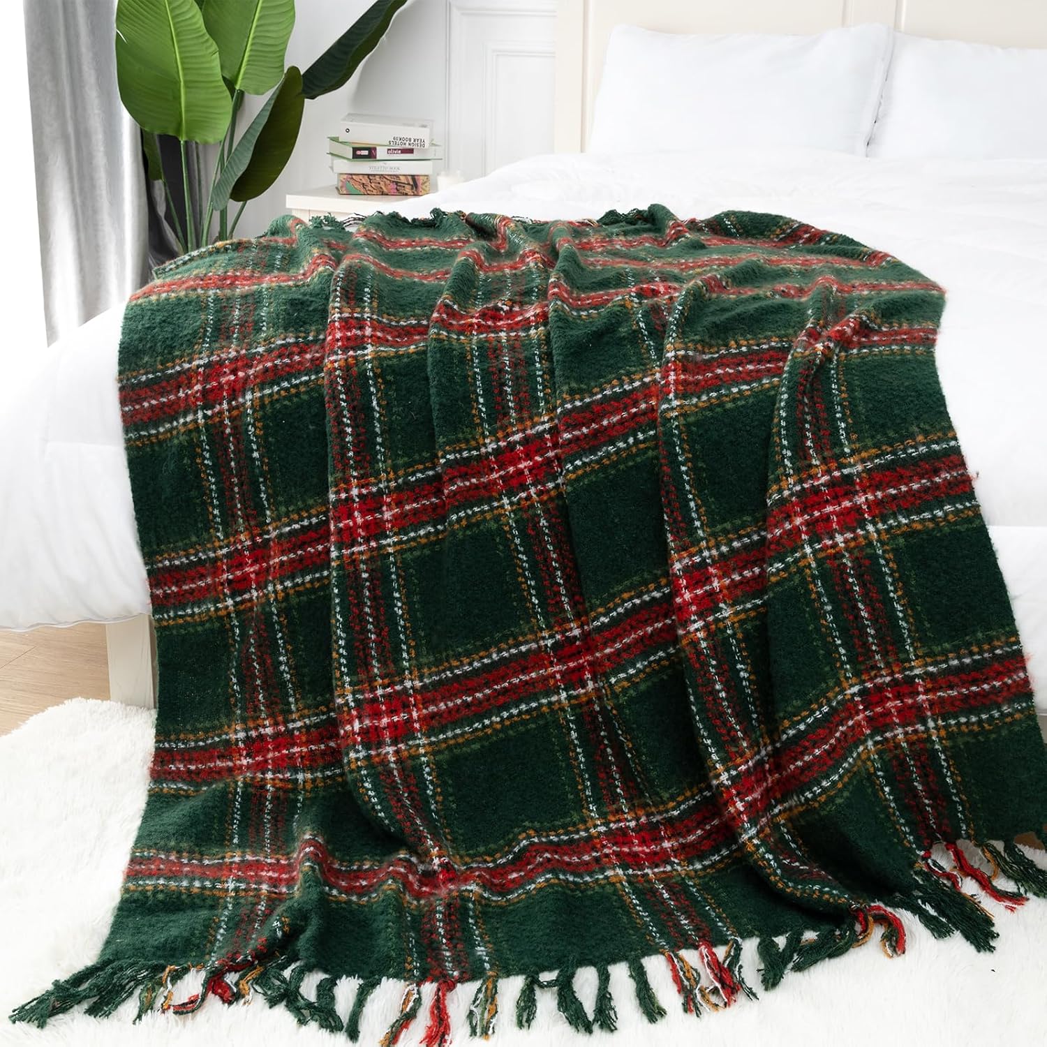LALIFIT Manta a cuadros con flecos, color verde y rojo, para decoración del...