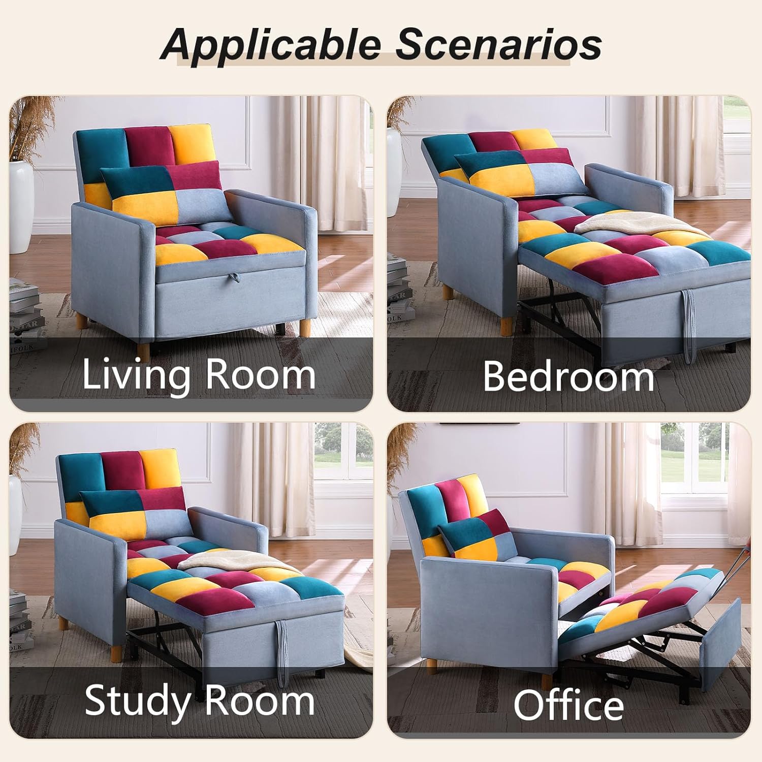 Sofá cama convertible 3 en 1, silla reclinable de tela de terciopelo para...