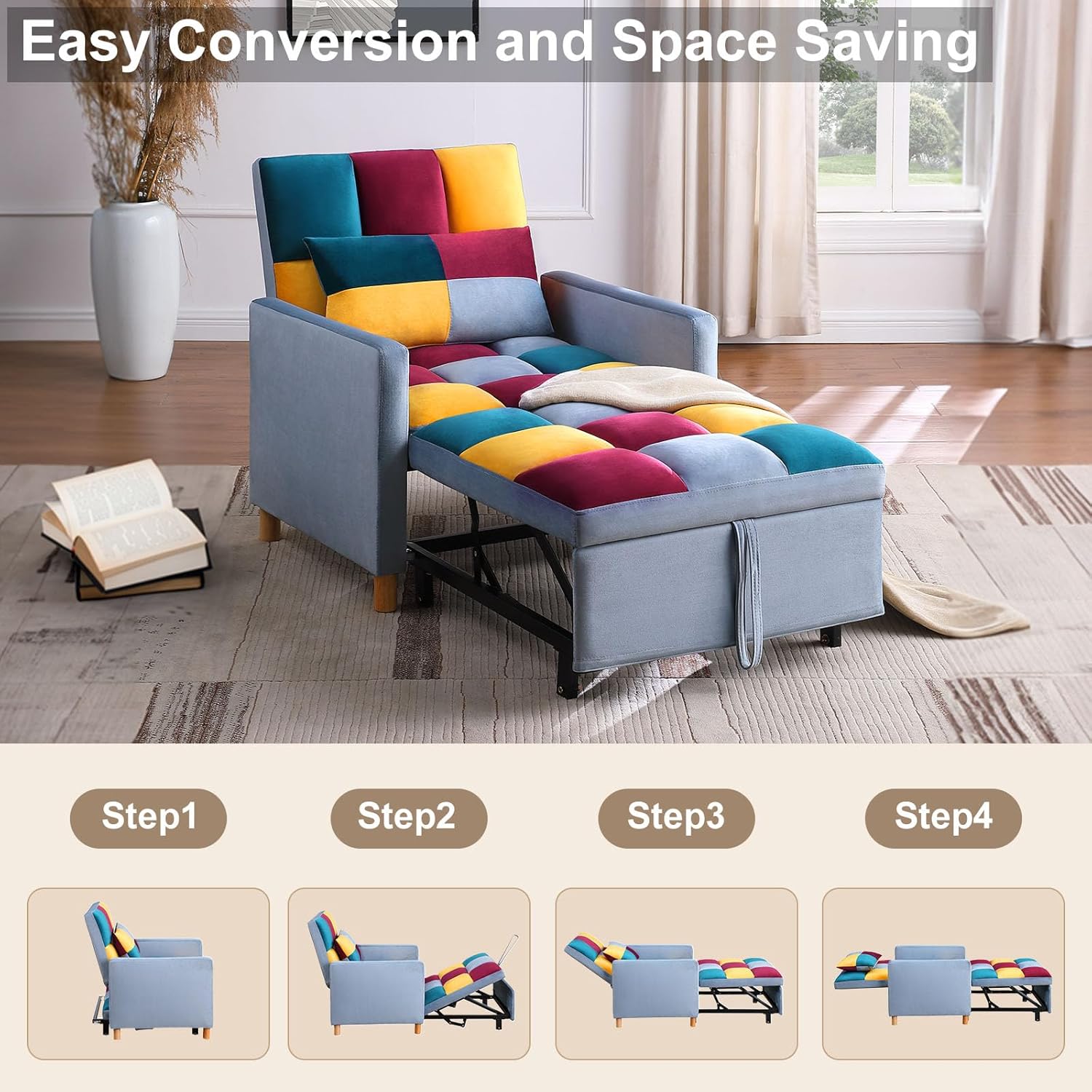 Sofá cama convertible 3 en 1, silla reclinable de tela de terciopelo para...