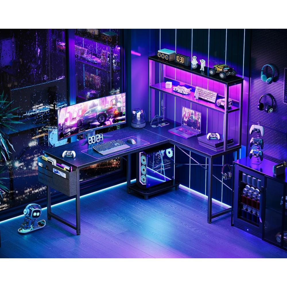 Escritorio Gamer En L Reversible AODK, Con Luz Led Y Toma De Corriente, Estante De Almacenamiento Y Gancho