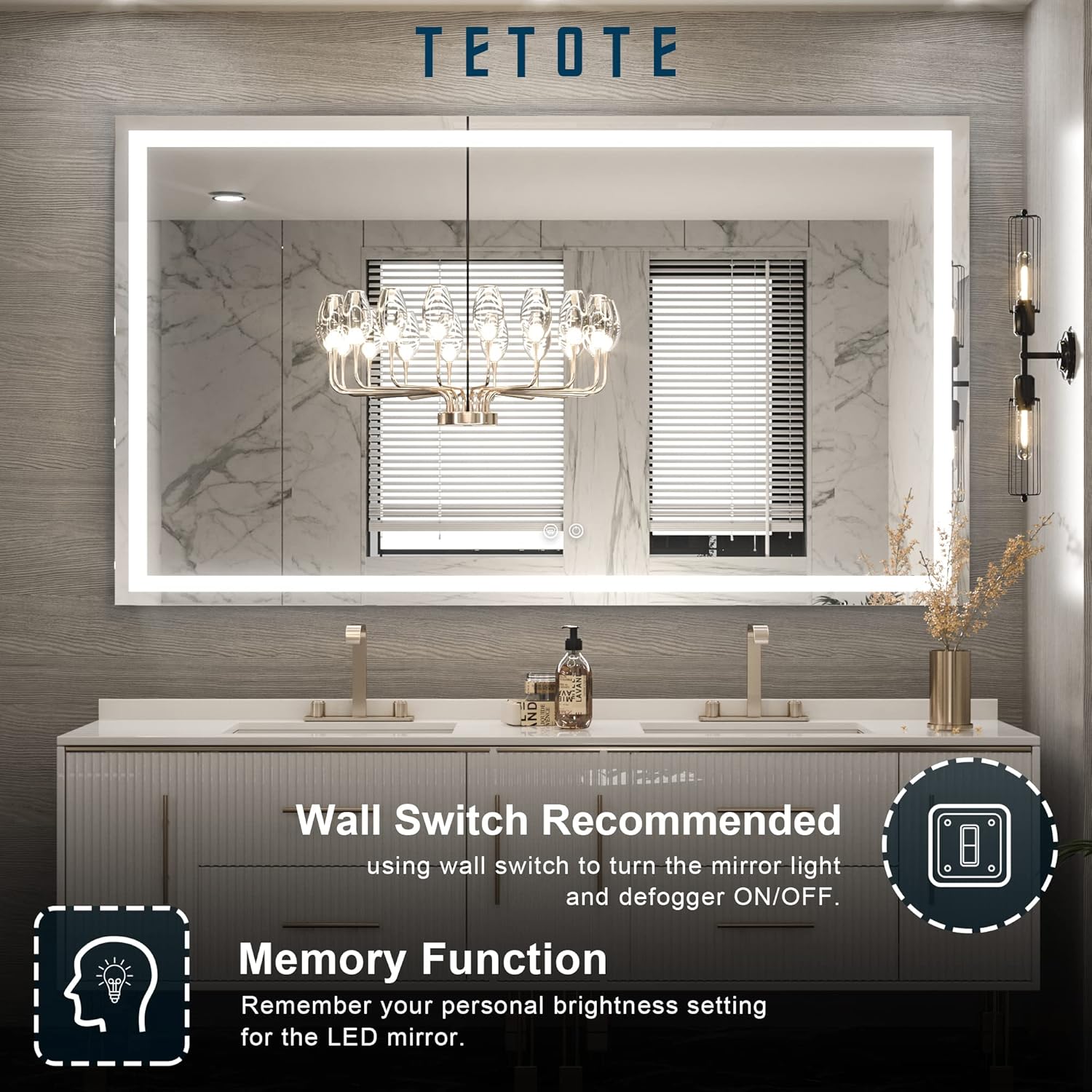 TETOTE Espejo de baño LED de 55 x 36 pulgadas con luces, antiniebla, regulable,...