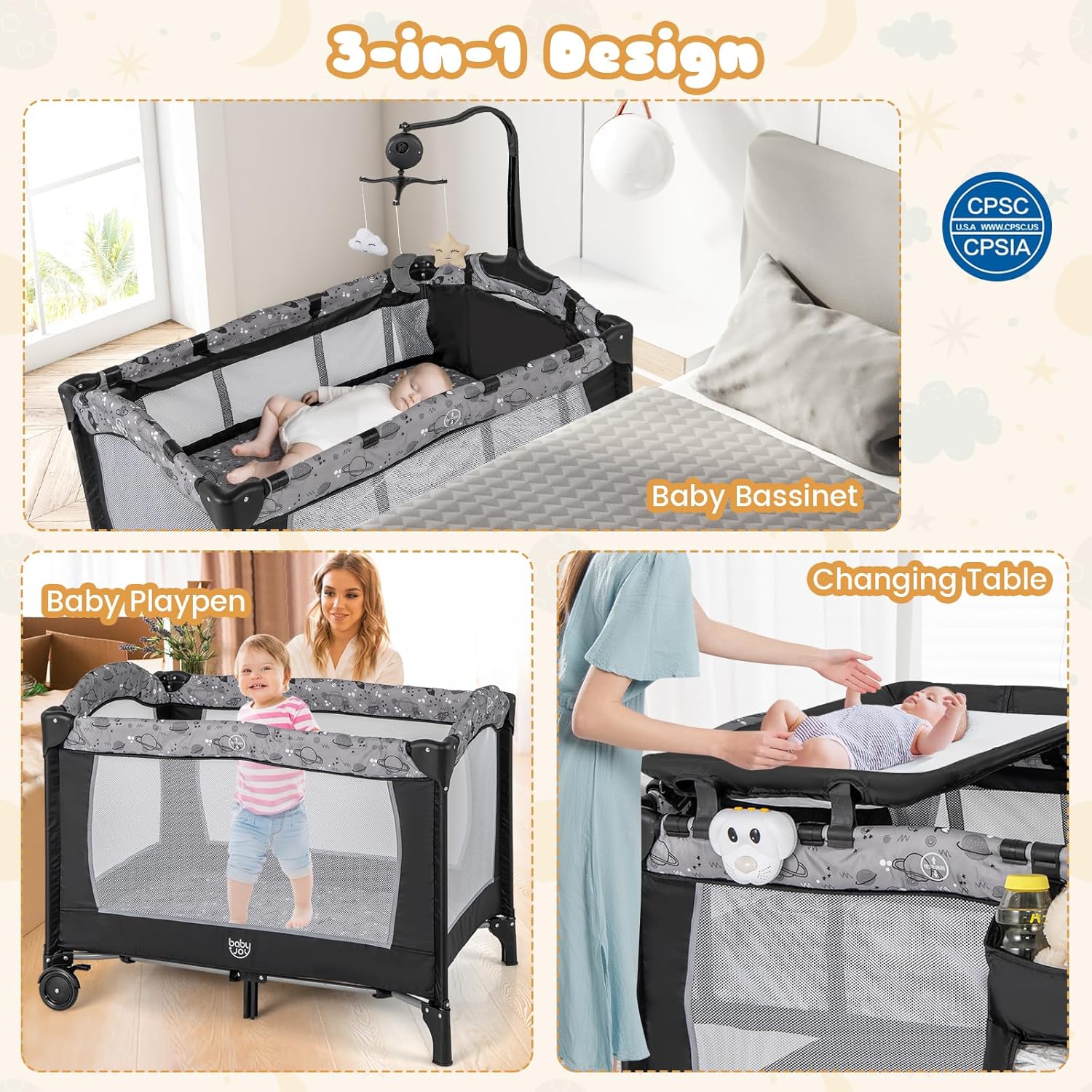 BABY JOY 3 en 1 Pack and Play, corralito portátil para bebé con moisés,...