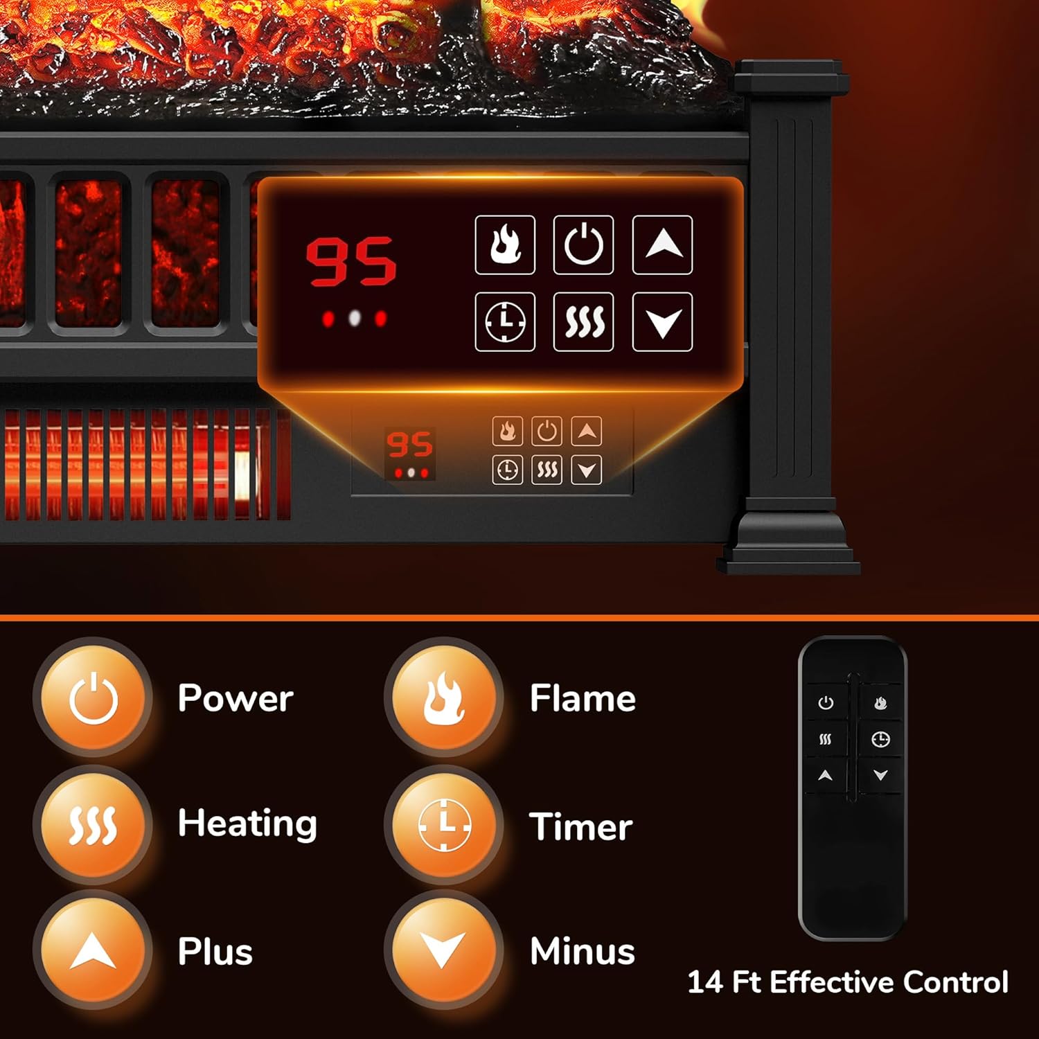 Troncos de chimenea eléctrica de 26 pulgadas, controlador remoto, calentador de...