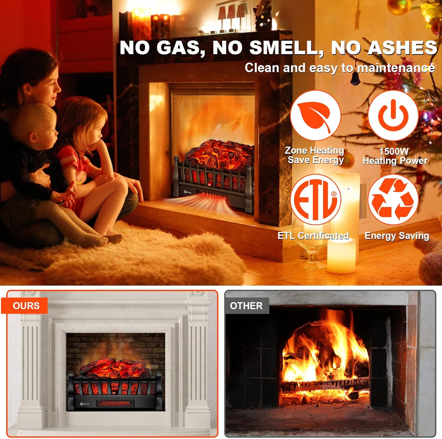 Calentador eléctrico para chimenea con control remoto infrarrojo, brillo de 5...