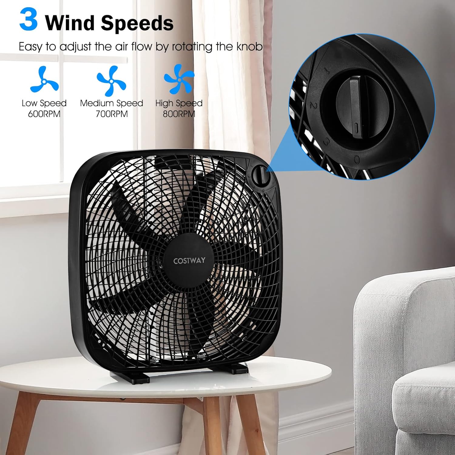 COSTWAY Ventilador de caja de 3 velocidades, ventilador de piso portátil de 20...