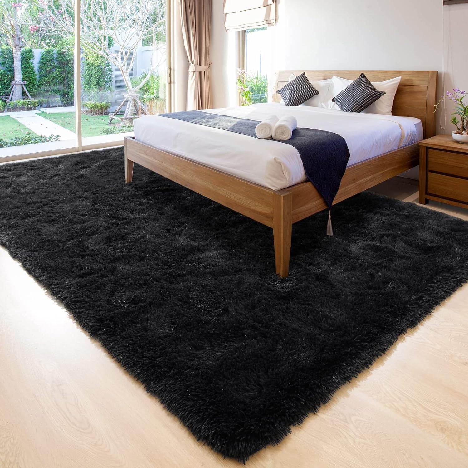 Unirea Alfombra peluda para dormitorio, sala de estar, alfombra negra de 5 x 8...