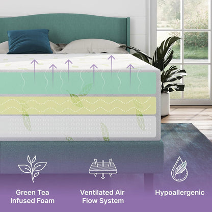Colchón matrimonial de espuma viscoelástica de té verde Anula de 6 pulgadas,