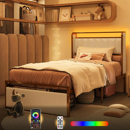 LIKIMIO Base de cama de tamaño individual con reposabrazos, cabecera y luz RGB,...