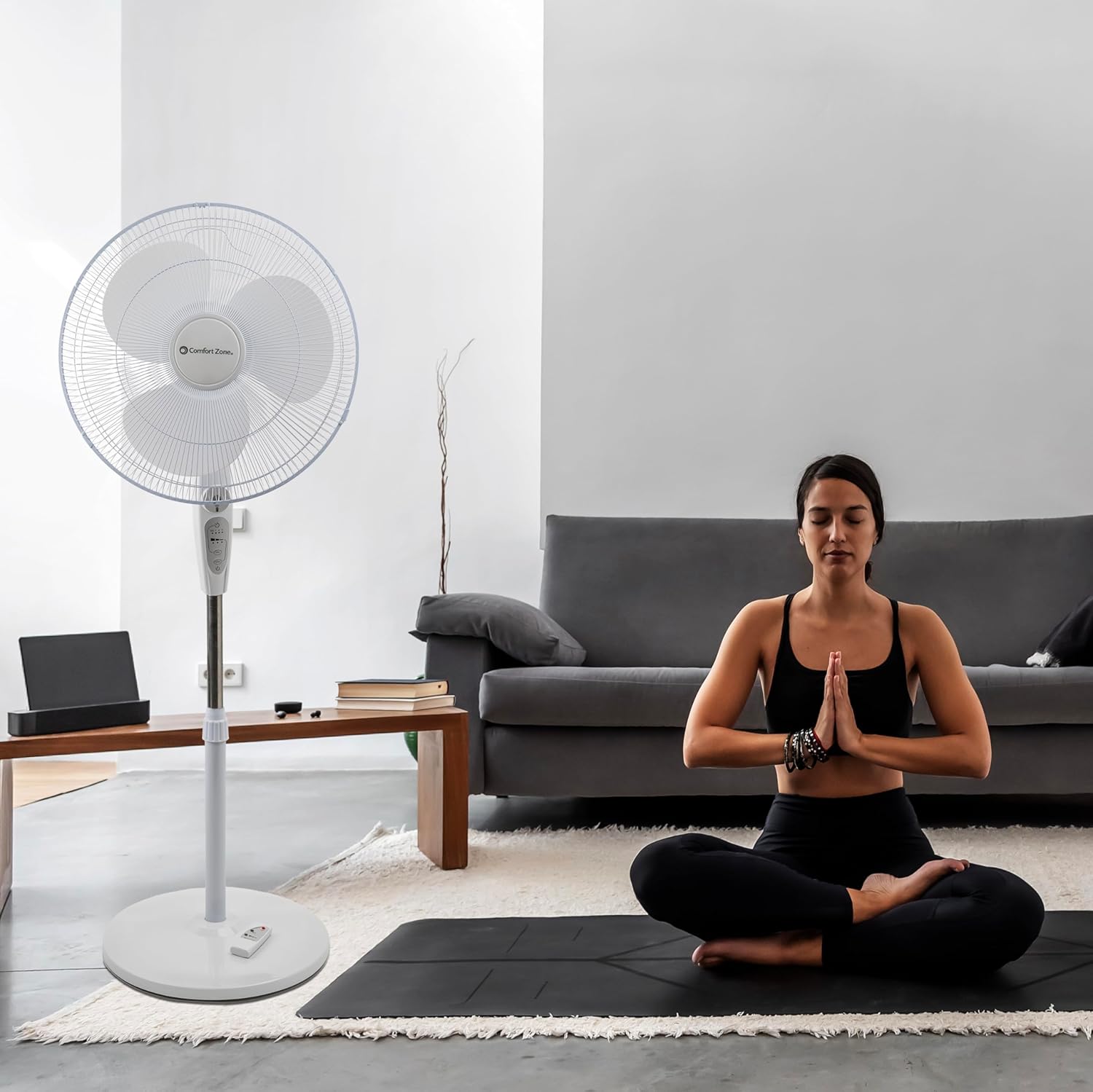 Comfort Zone Ventilador de pedestal oscilante con control remoto, ventilador de...