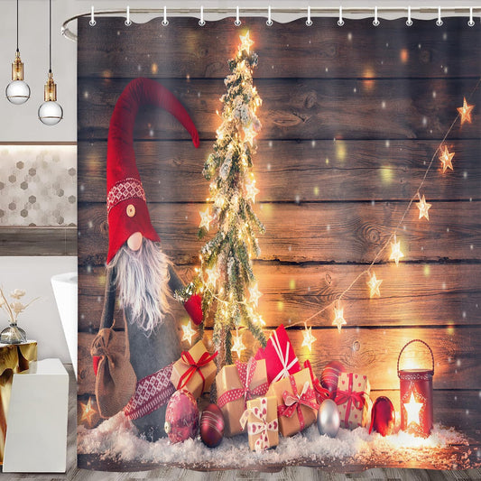 Cortinas de ducha de Navidad, enano de Papá Noel sostiene un abeto con luces de...