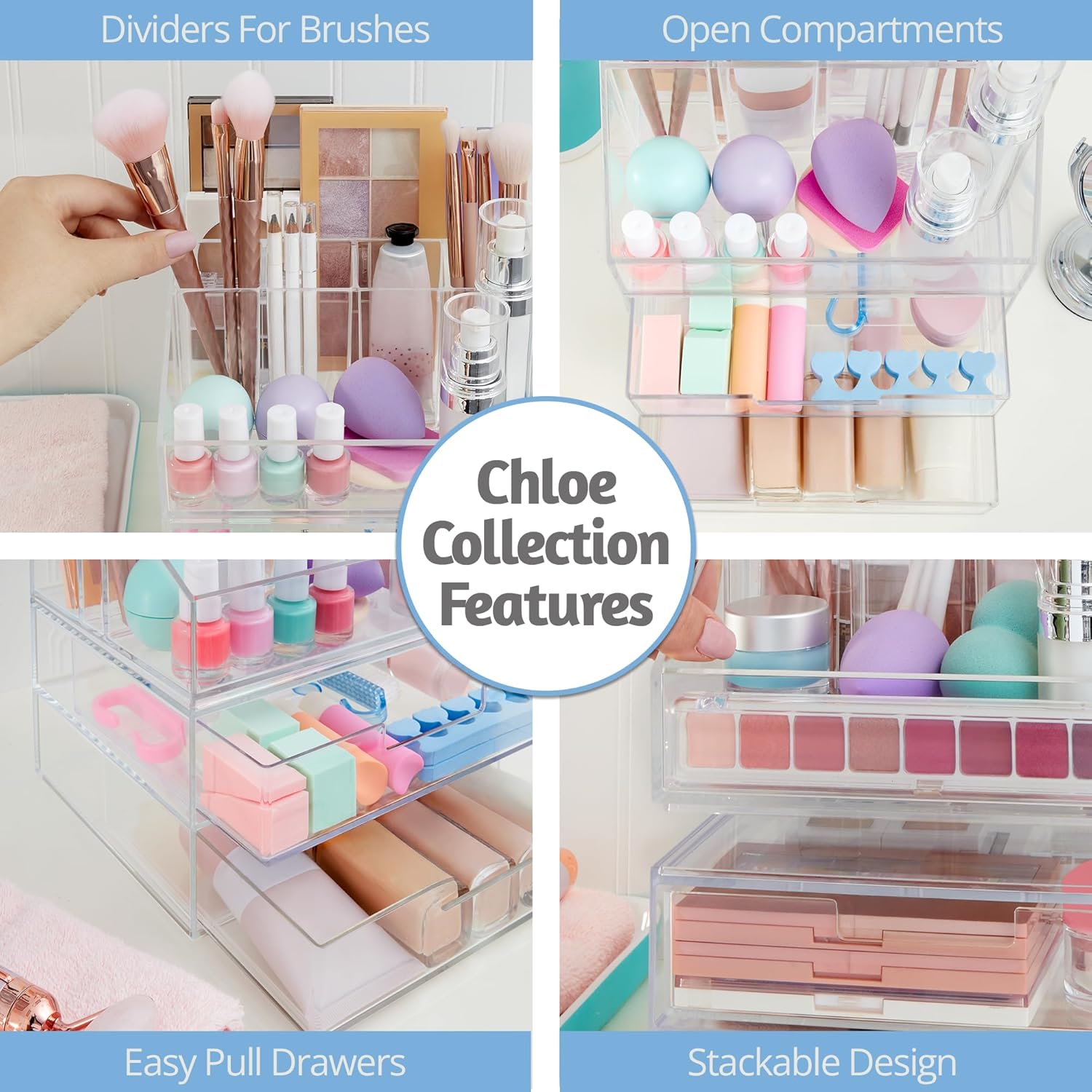 STORi Chloe - Juego de soporte de maquillaje transparente apilable y cajón...