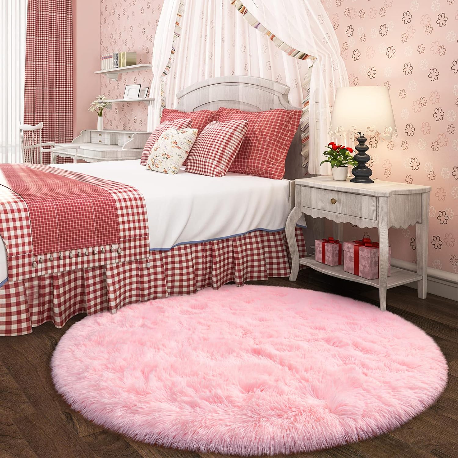 Alfombra redonda rosa para dormitorio de niñas, alfombra circular esponjosa de...