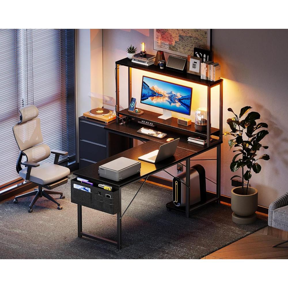 Escritorio Gamer En L Reversible AODK, Con Luz Led Y Toma De Corriente, Estante De Almacenamiento Y Gancho