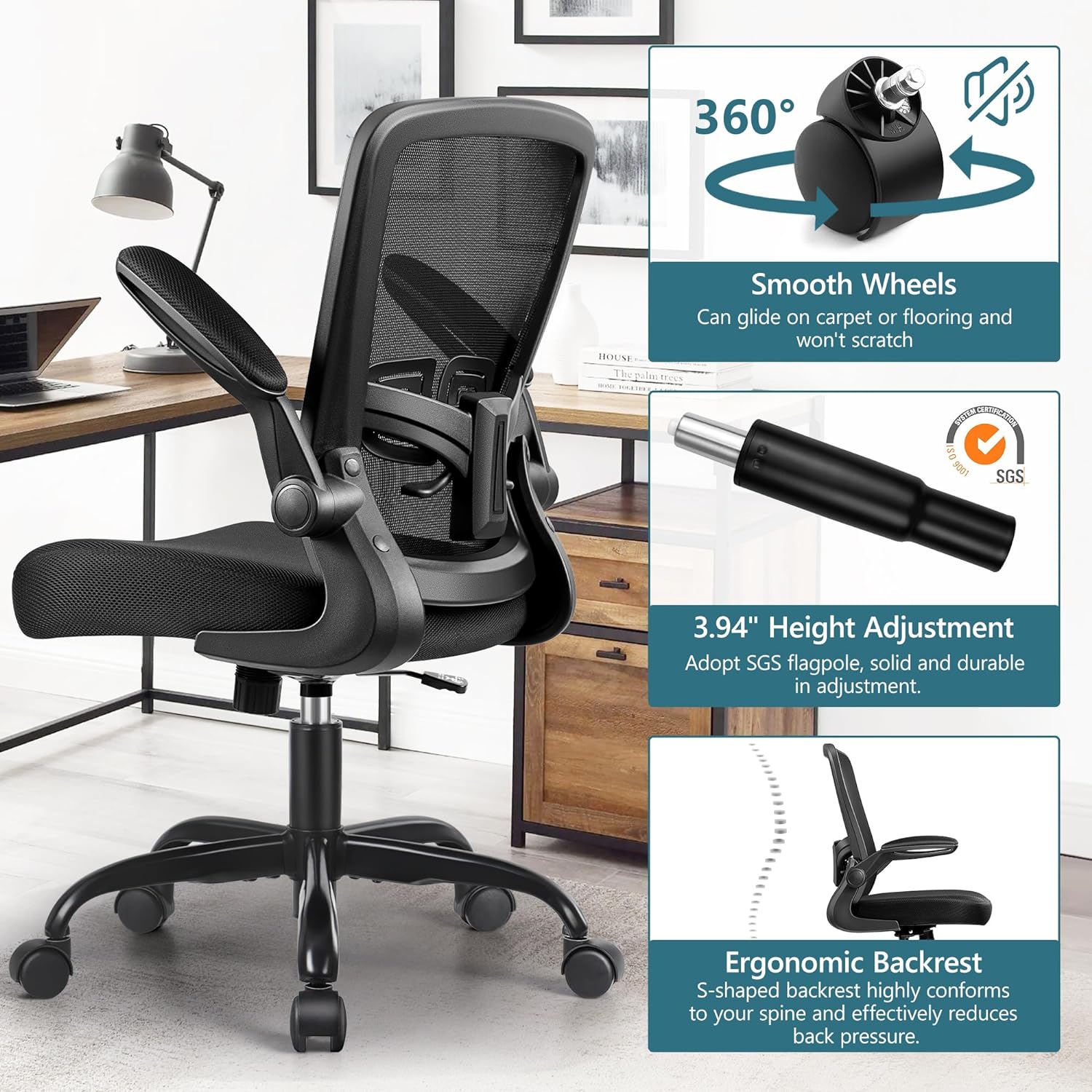 MINLOVE Silla de oficina ergonómica con soporte lumbar ajustable y altura,...