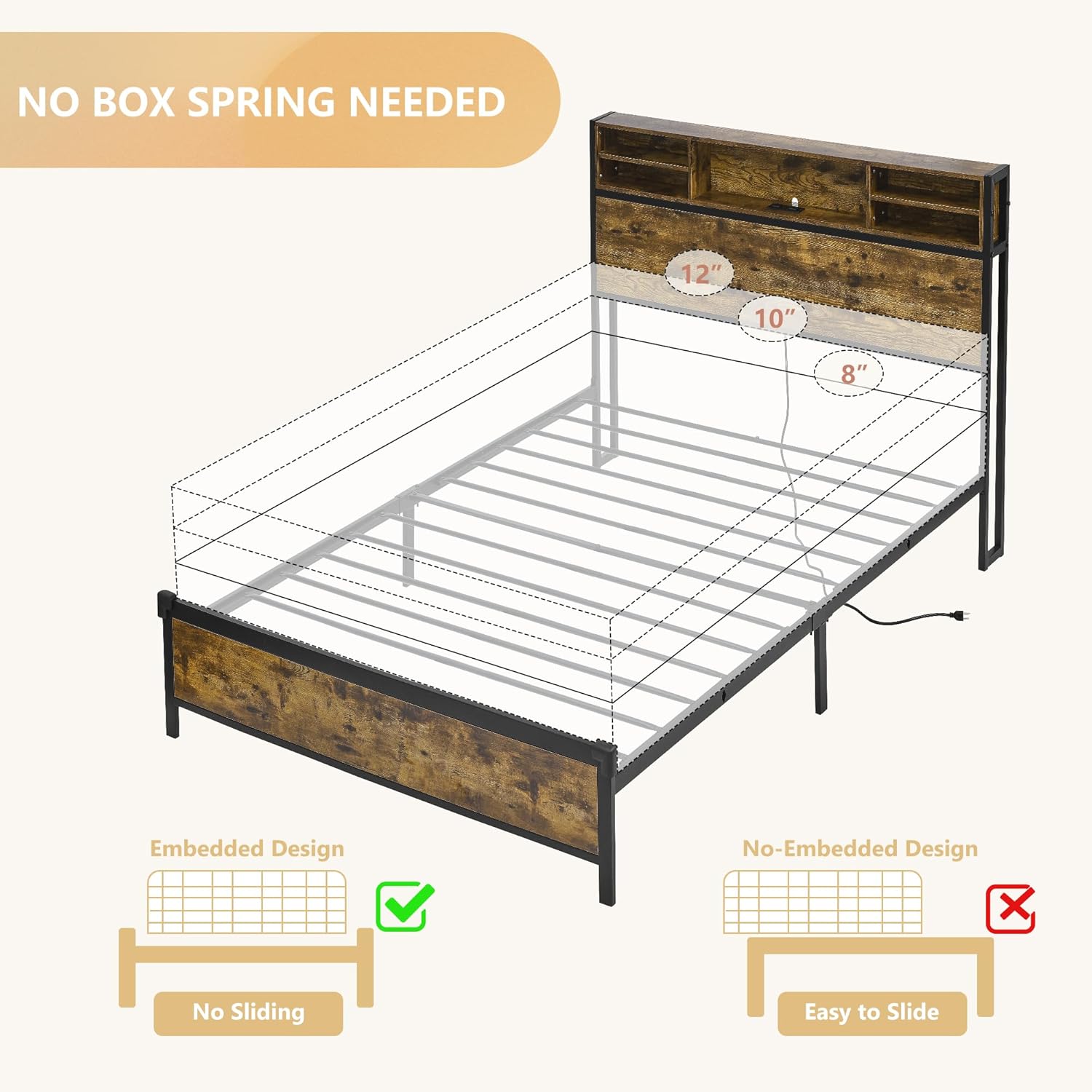 Alohappy Base de cama individual con cabecera de estantería y estación de...