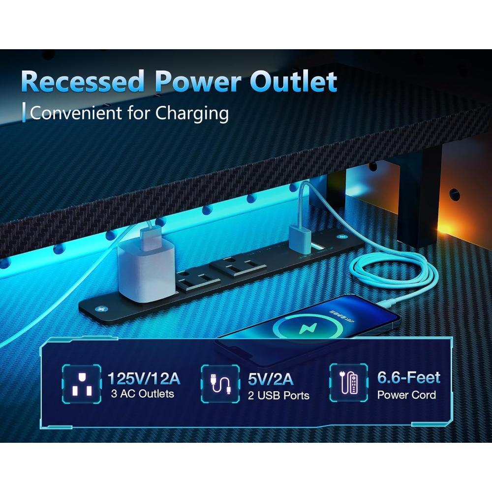 Escritorio Gamer Reversible AODK, Con Luz Led Y Puertos De Carga USB, Con Estantes De Almacenamiento Y Soporte Para Monitor
