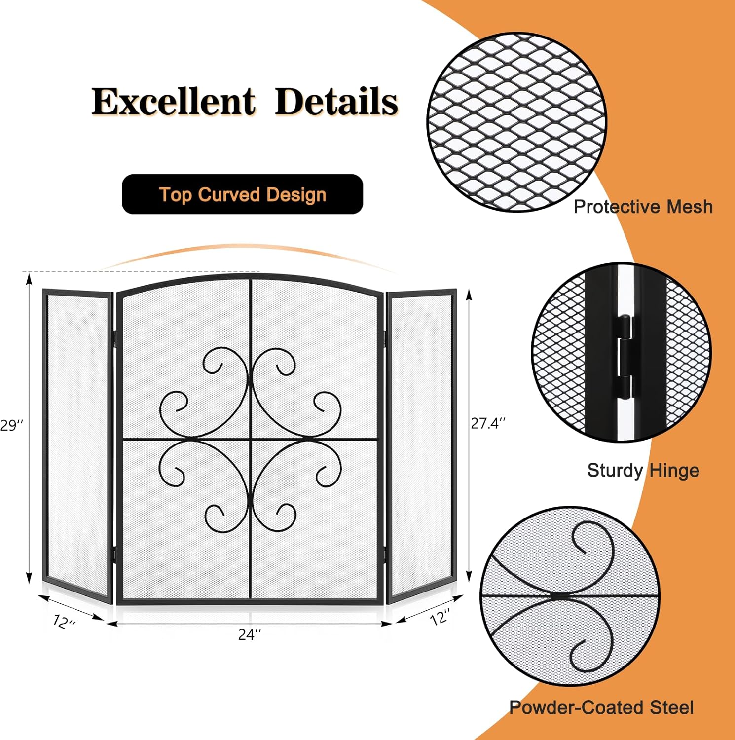 Gtongoko Rejilla decorativa de 3 paneles para chimenea, 48 pulgadas de ancho x...