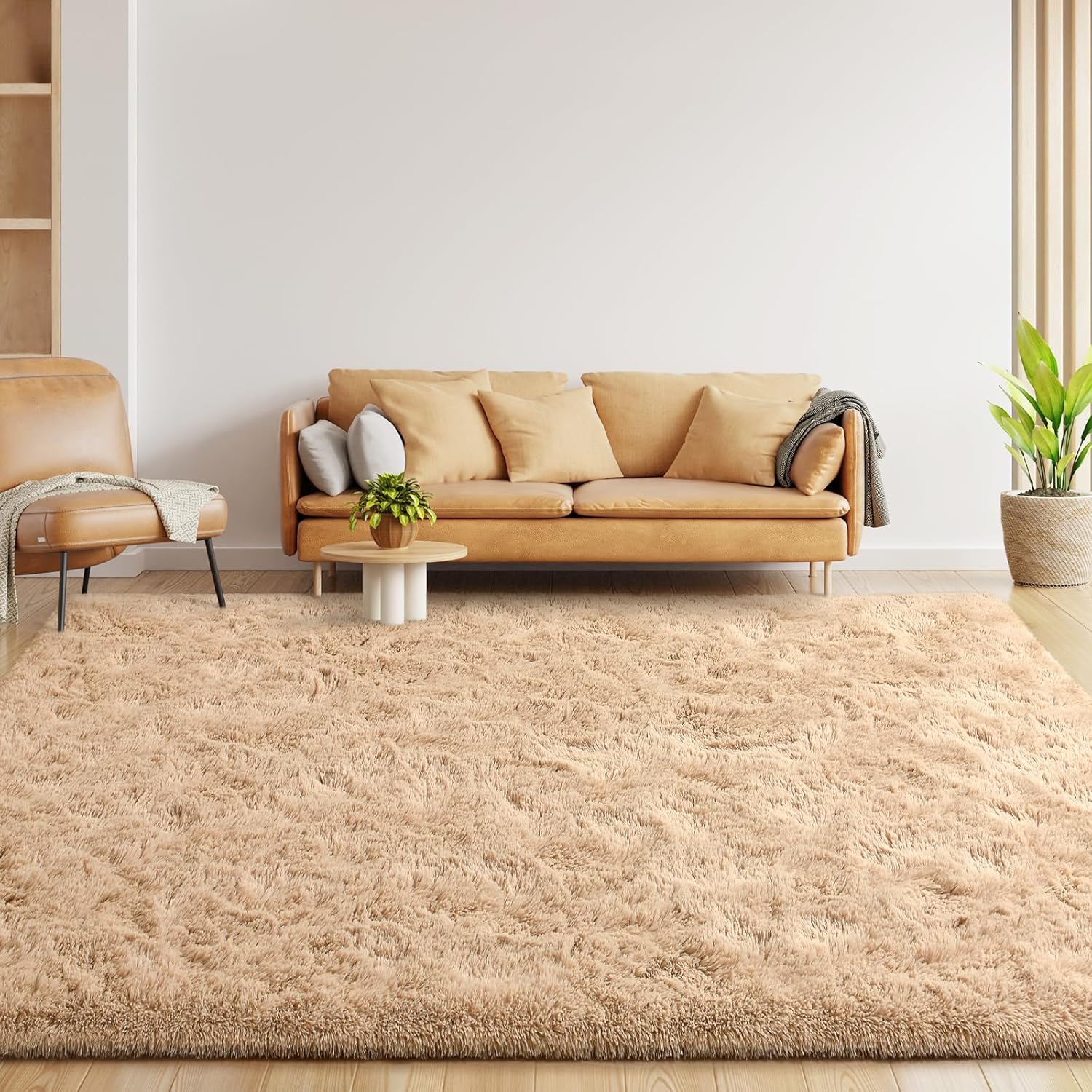 Lascpt Alfombra de pelo largo súper suave para sala de estar, alfombra beige de...