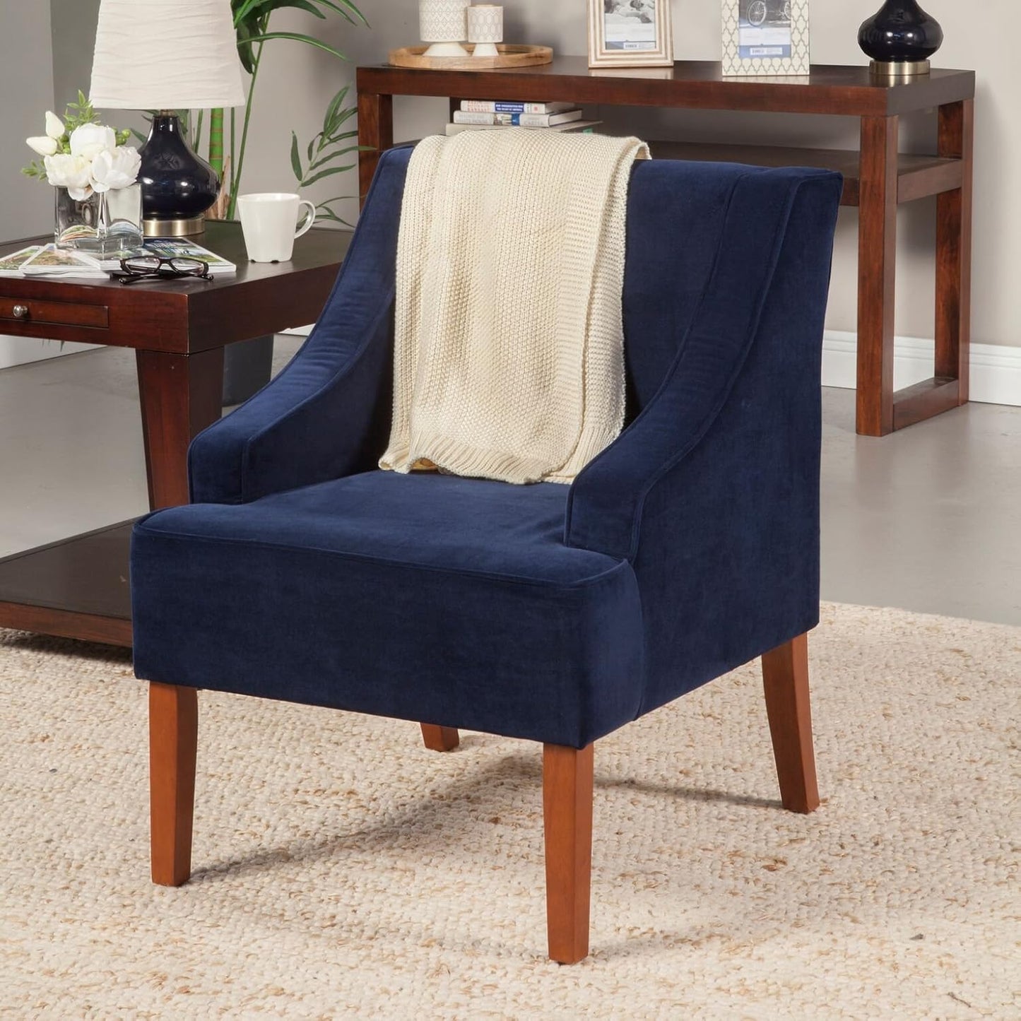 HomePop Sillón con brazos curvados para sala de estar Terciopelo azul marino