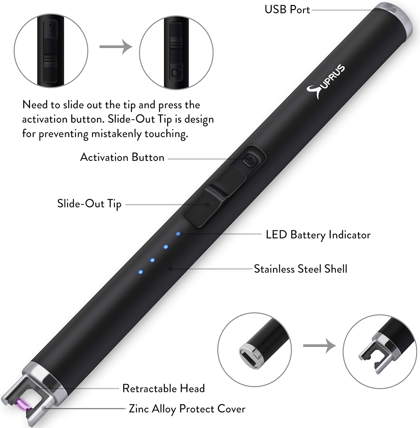 Encendedor de arco de vela SUPRUS USB de 6.89pulgadas, recargable, sin llama,...