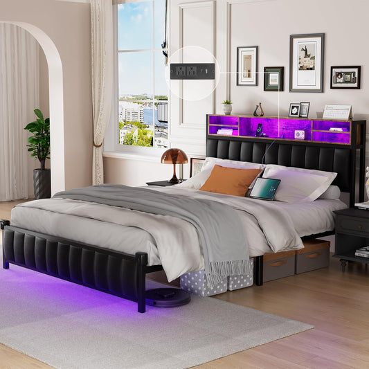 Alohappy Base de cama de tamaño matrimonial con cabecera de estantería y luz...