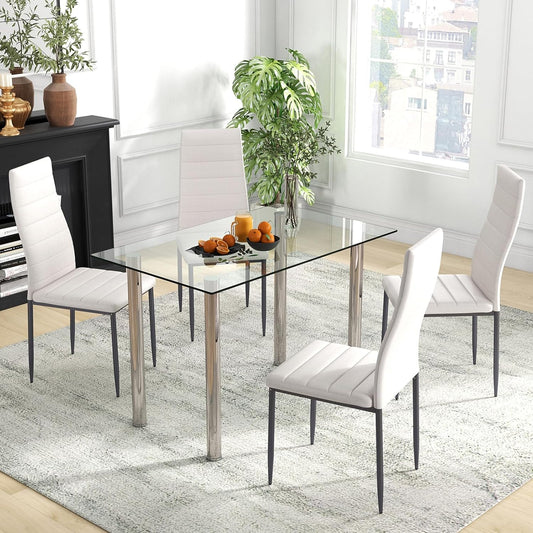 Juego de mesa de comedor para 4, moderna tapa de vidrio templado y silla de