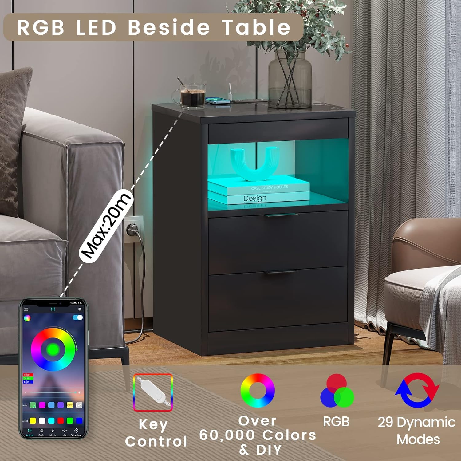 ADORNEVE Mesita de noche LED negra con estación de carga inalámbrica, 2...