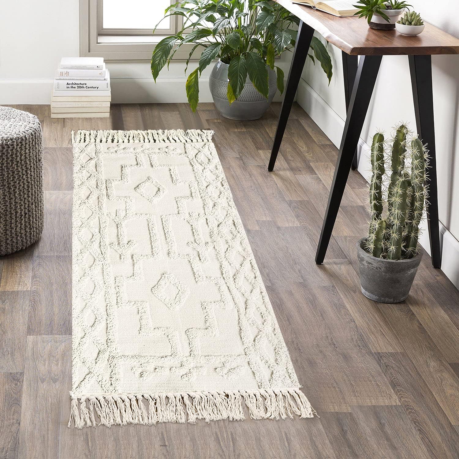 Alfombra bohemia de baño de 2 x 4.3 pies, alfombra de algodón tejida lavable