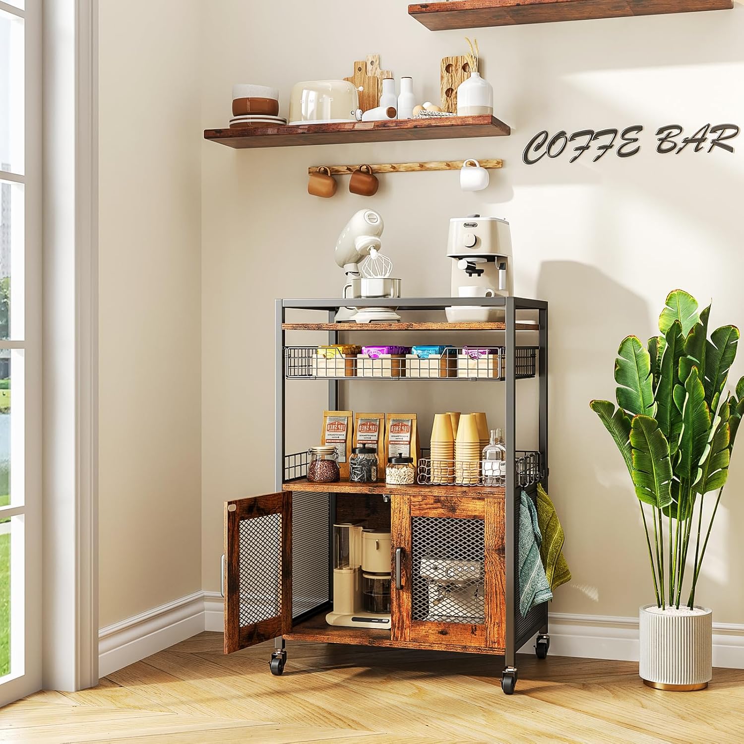 Gabinete de barra de café, mesa de estación de café de 3 niveles con ruedas,