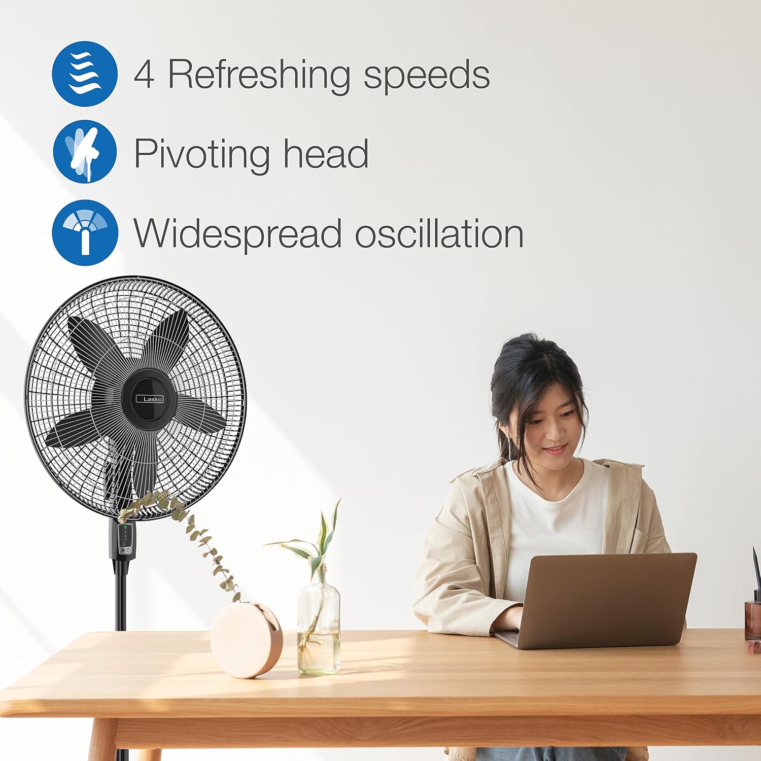 Lasko Ventilador de pedestal oscilante, altura ajustable, control remoto, 4...