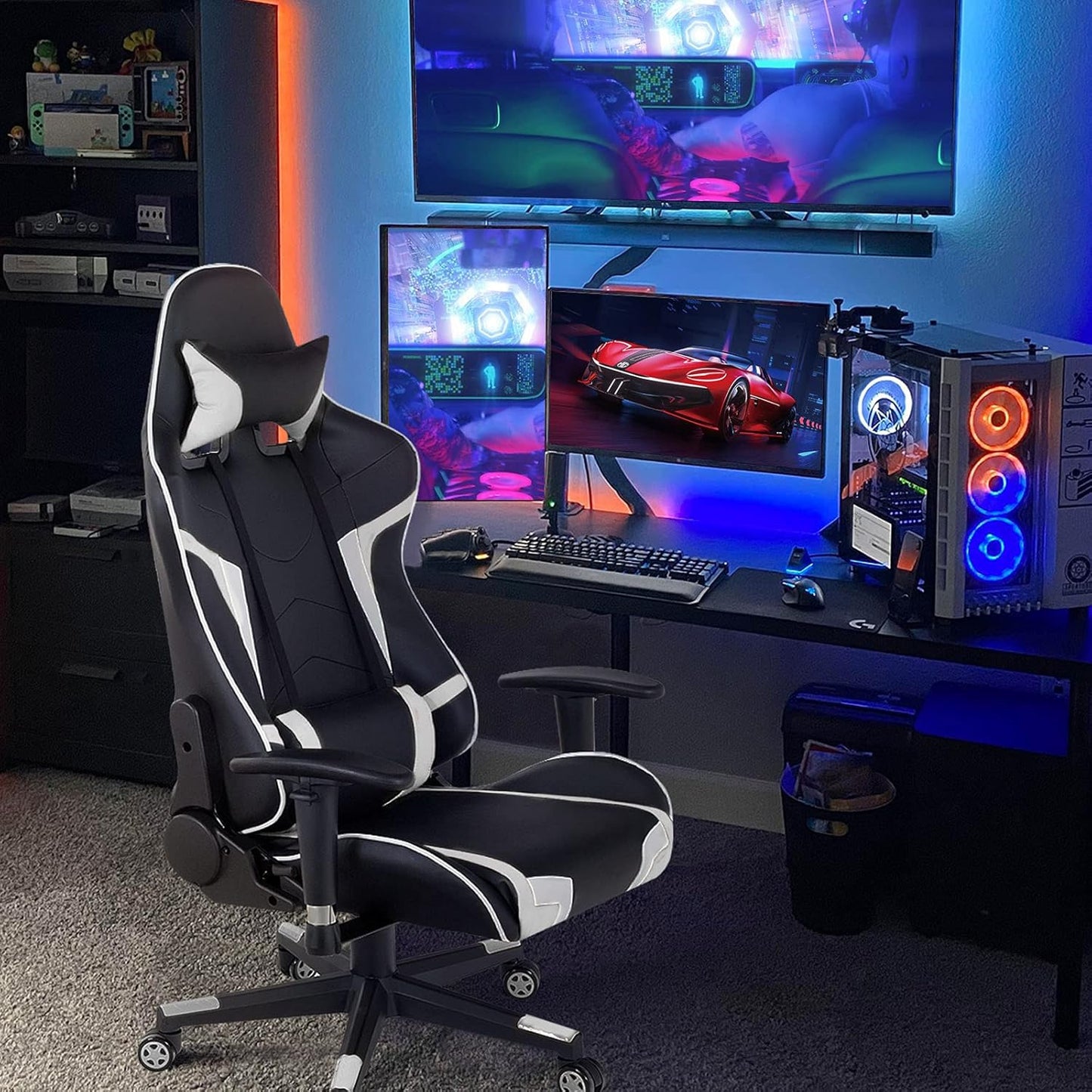 GYMAX Silla para videojuegos, sillas de masaje para adultos con reposacabezas,...