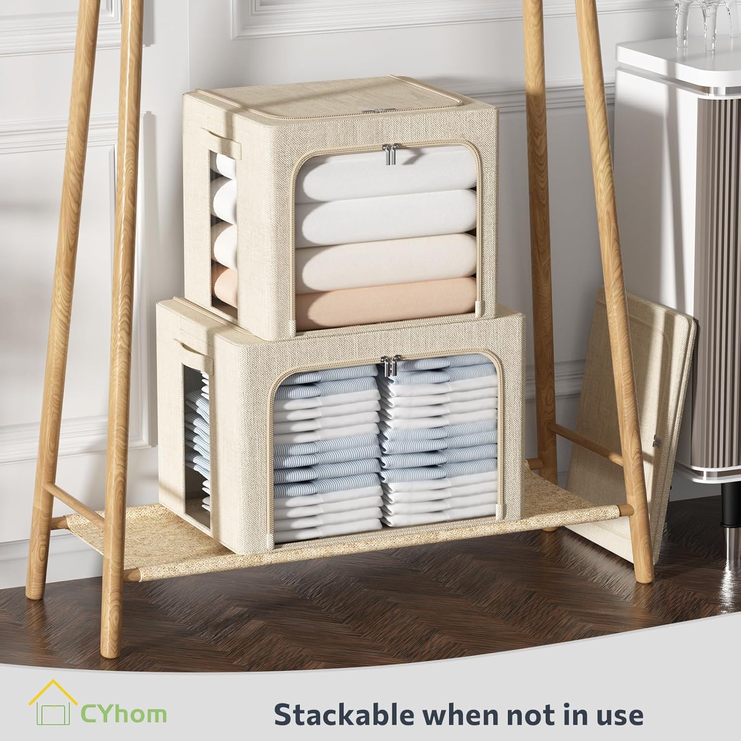 Caja de almacenamiento de ropa, juego organizador plegable de tela de lino con...