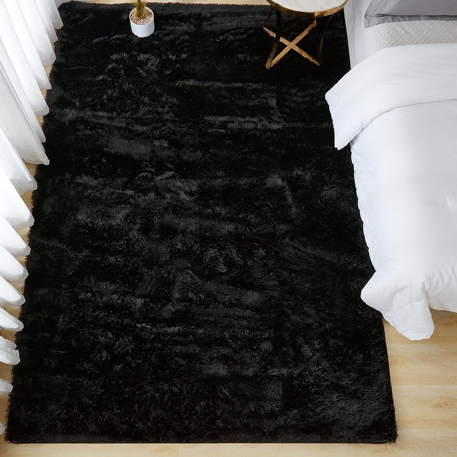 Alfombra negra de pelo largo de 8 x 10 pies para sala de estar, alfombra de