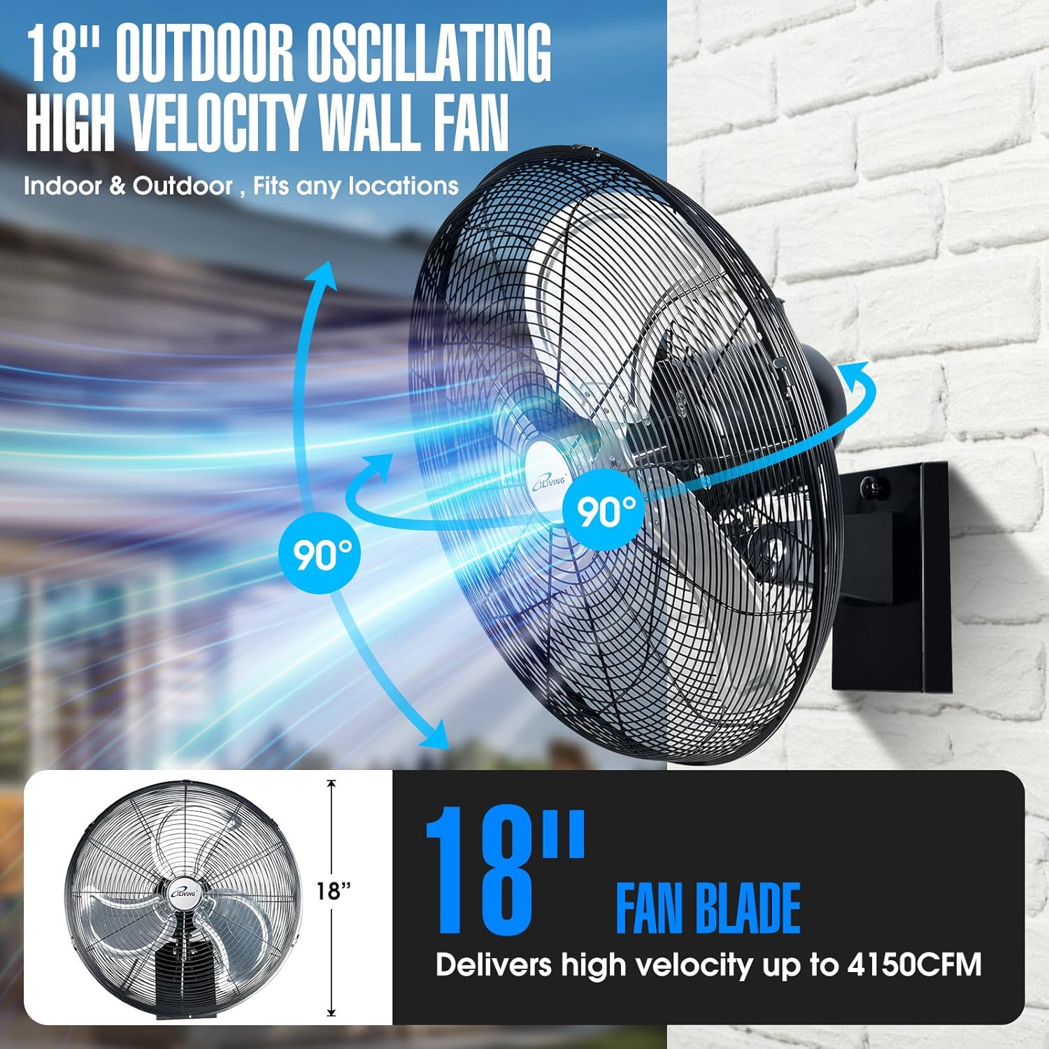 iLiving Ventilador de pared oscilante de alta velocidad para exteriores de 18...