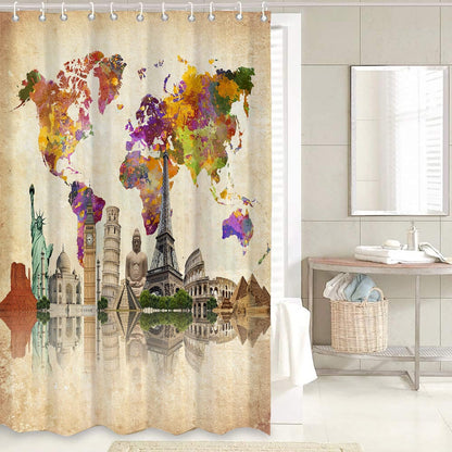 Juego de cortinas de ducha vintage con mapa mundial, 4 piezas de famosa cultura