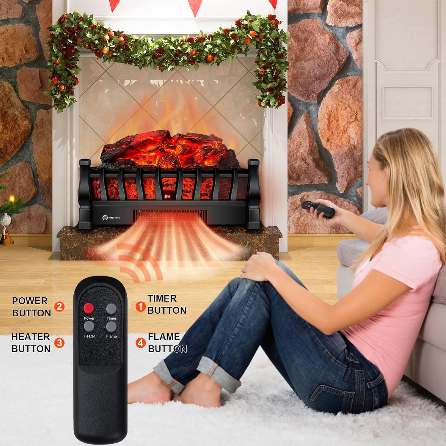 Calentador eléctrico para chimenea con control remoto infrarrojo, brillo de 5...