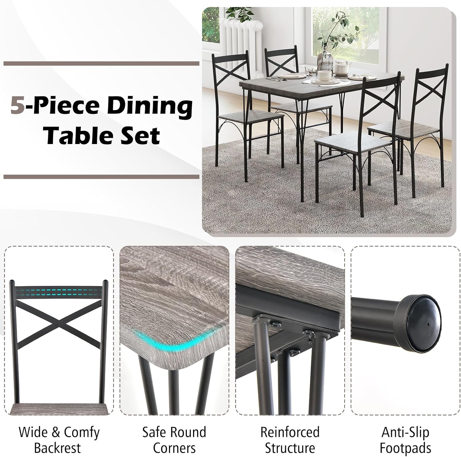 Juego de mesa de comedor de 5 piezas, moderna mesa de comedor rectangular y 4